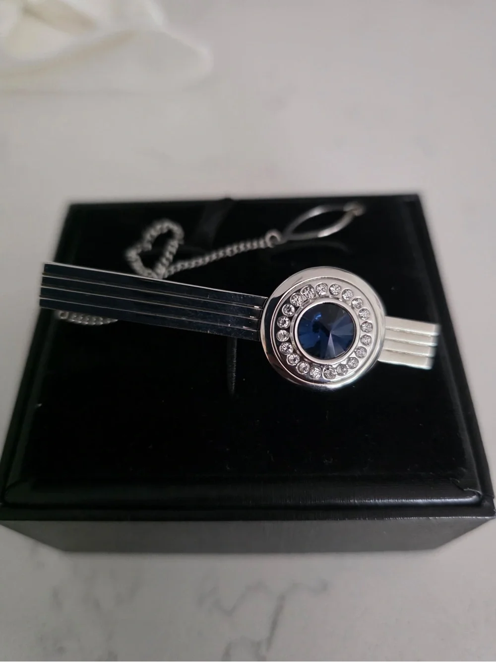 Silver Cufflinks and Tie Bar Set with Blue Accents